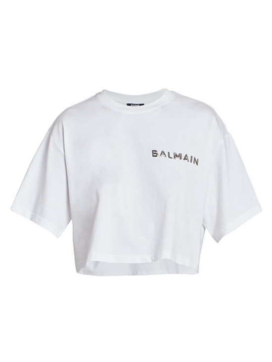 Balmain Tops - $495 BALMAIN Laminated Logo Cotton Crop T-Shirt Large